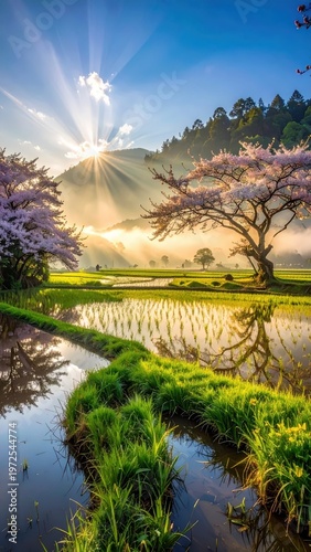 Serene Landscape of Rice Fields Under Cherry Blossom Trees at Sunrise