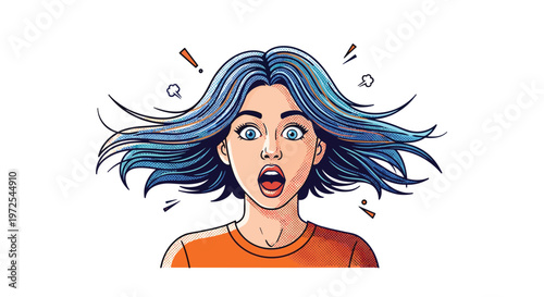 A startled young woman with vibrant blue flowing hair and wide expressive eyes displays a dramatic look of pure amazement in this colorful pop art style.