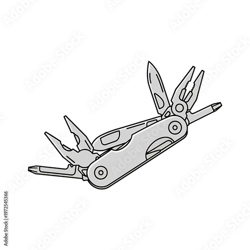 Multitool Compact Versatility: A detailed illustration showcases a multi-tool in action, with several essential tools exposed. This versatile compact equipment ideal for everyday tasks.
