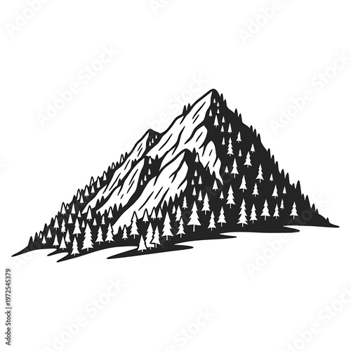 Mountain Landscape: An artistic monochrome portrayal of a majestic mountain range adorned with evergreen trees, embodying the raw essence of nature's grandeur.