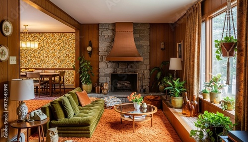 Mid century modern living room, retro interior design, vintage home decor, 1970s style