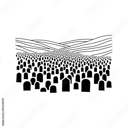 Memorial of the Departed: A minimalist illustration of a vast graveyard beneath rolling hills, evoking solemnity and reflection.