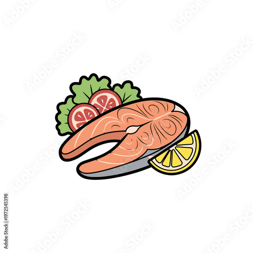 Fresh Salmon Steak with Lemon and Tomato: A vibrant illustration of a perfectly cooked salmon steak, accompanied by fresh lemon and tomato slices, and a bed of lettuce.