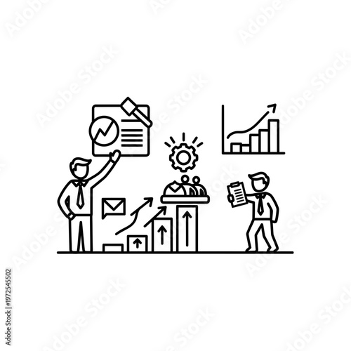 Business Strategy and Data Analytics: A graphic illustration depicting a collaborative analysis of business data, highlighting growth and strategic planning