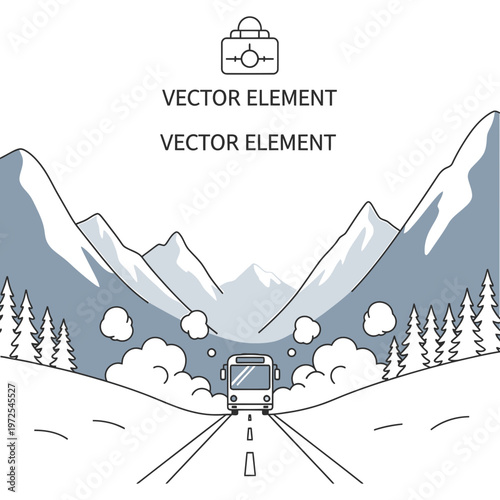 Journey Through the Mountains: A vector illustration depicts a bus traversing a scenic mountain road, conveying travel, adventure and the beauty of exploration.
