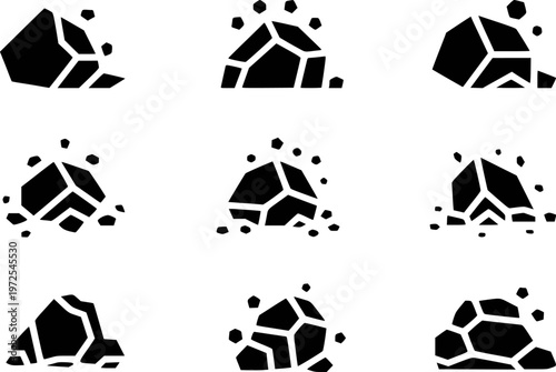 Black Rock Debris Set Isolated White Background stone rubble