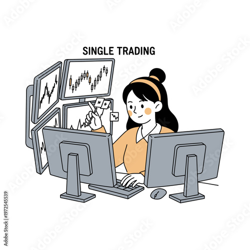 Financial Trader Analysis: A focused analyst surrounded by multiple computer monitors, intently studying financial charts and indicators to make informed trading decisions.