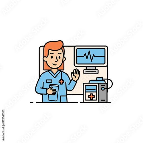 Healthcare Professional Illustration: A friendly medical professional, in uniform, stands confidently, gesturing towards a medical monitor and equipment, symbolizing care and medical advancement.