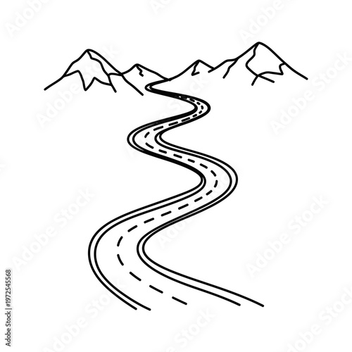 Winding Road to the Mountains: A graphic illustration captures the essence of a winding road leading towards majestic mountain peaks, symbolizing journey, adventure, and the path ahead.