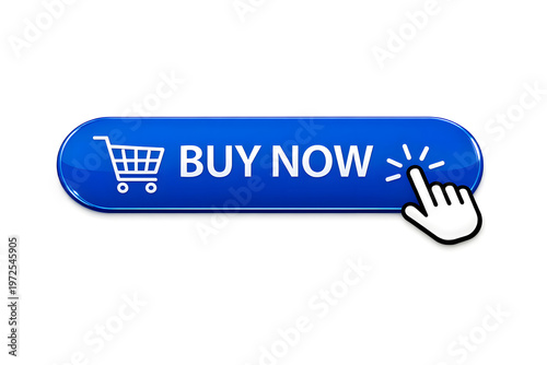 E-commerce buy now button with shopping cart and hand cursor