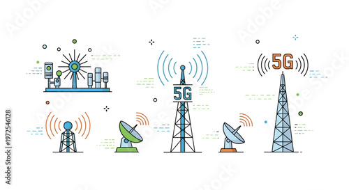 A comprehensive set of modern telecommunication icons features various 5G cellular towers and satellite dishes depicted in a clean and colorful line art style.