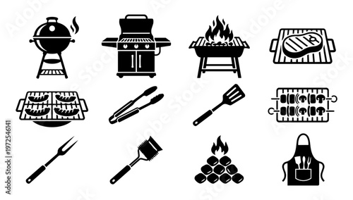 BBQ Grill Silhouette Icon Set – Barbecue Cooking Tools and Equipment Collection