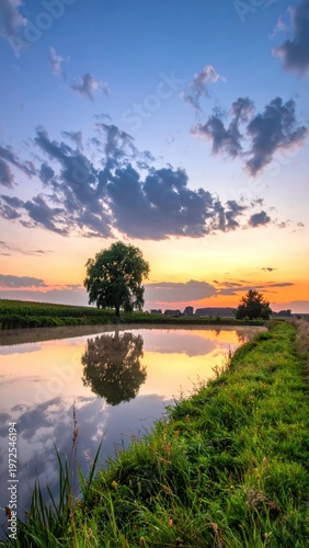 Serene Sunset Reflection Over Calm Water with Lush Green Landscape