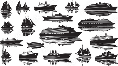 Collection of various boats and ships in black and white illustrations