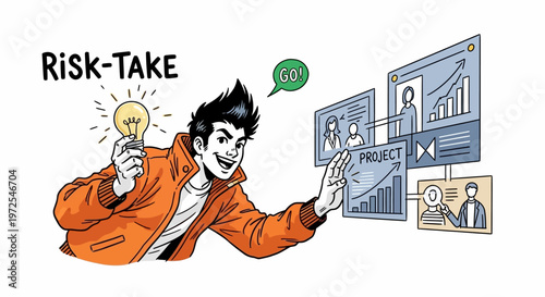 Young man with lightbulb and project plan Risk take GO