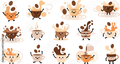 Cute Coffee Cup Cartoon Set with Funny Drink Characters, Espresso, Latte, Cappuccino, Splash Effects, and Cafe Beverage Vector Illustration Collection.