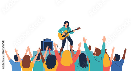 A talented female musician performs with an acoustic guitar on a blue stage while an enthusiastic crowd of fans raises their hands in joyful celebration.