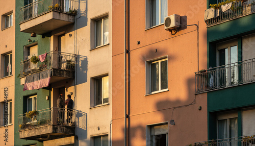 Residential Apartment Building with Balconies and Residents
