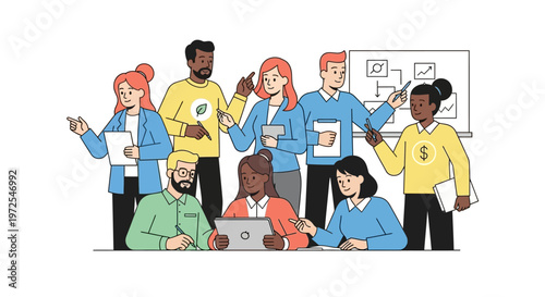 Diverse group of people collaborating on a project with laptop and whiteboard