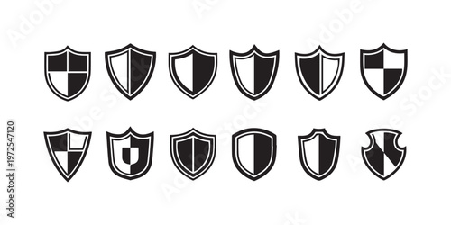 Shield icons, security symbols, black and white graphics, vector emblems, protection logos