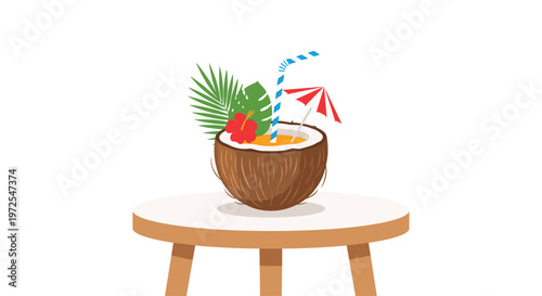 A vibrant stylized coconut shell bowl containing tropical juice and a red hibiscus flower sits elegantly on a round white table surface in isolation.