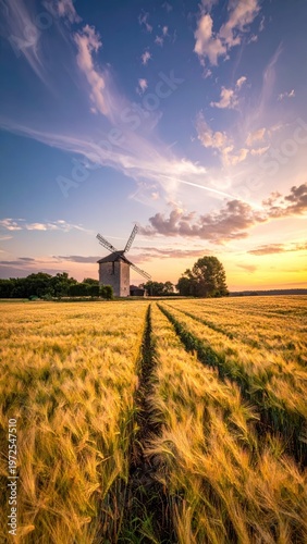Serene Sunset Over Golden Wheat Field with Historic Windmill