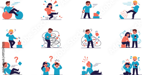 Mental Health Stress Cartoon Set with Anxiety, Depression, Emotional Struggles, Support, Therapy Concepts, and Awareness Vector Illustration Collection.