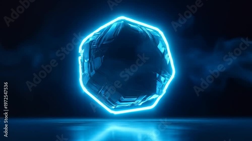 Futuristic Blue Neon Octagon Glowing in Dark Smoky Environment with Reflection
