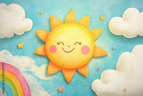 Cute smiling sun with clouds and rainbow in colorful cartoon style