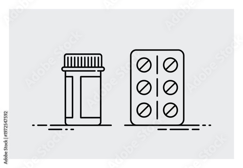Simple Line of a Pill Bottle and Blister Pack of Pills