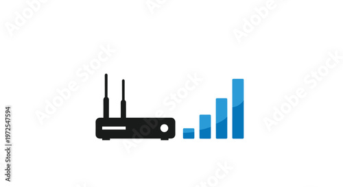 A minimalist flat icon features a black wireless internet router with dual antennas positioned next to four ascending blue signal strength indicator bars.