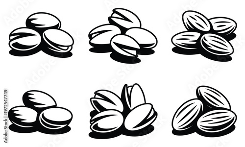 Six Stylized Black and White of Pistachios in Piles