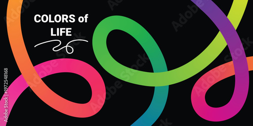 Colors of life  colorful swirling ribbons in orange pink green purple and yellow hues on dark background