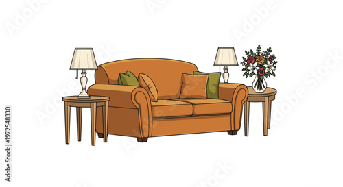 An elegant brown leather sofa with green and orange cushions is flanked by classic wooden tables holding stylish lamps and a vibrant floral arrangement.