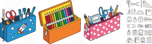 Colorful Pencil Case Set with School Supplies, Crayons, Scissors, and Fun Designs for Kids, Students, and School Accessories