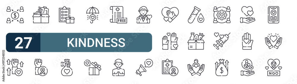Fototapeta premium 27 thin line Kindness icons set for web, mobile apps and digital interface design featuring crowdfunding, give, medical, support, donation, donation, health insurance, gift and No. Editable stroke