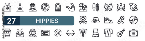 27 thin line Hippies icons set for web, mobile apps and digital interface design featuring t shirt, conga, plant, rainbow, hippy, hippy, ying yang, caste and handbag. Editable stroke vector