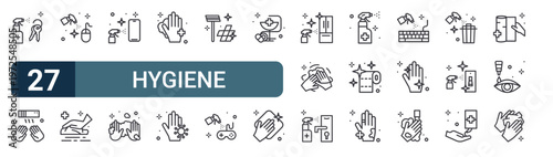 27 thin line Hygiene icons set for web, mobile apps and digital interface design featuring keys, hand dryer, mouse, cleaning, smartphone, hands, hand sanitizer, hand wash and floors. Editable stroke