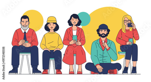 Diverse group of people sitting on stools with coffee cups