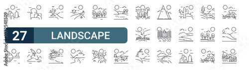 27 thin line Landscape icons set for web, mobile apps and digital interface design featuring canyon, glacier, rock, volcano, desert, beach, desert, tundra and jungle. Editable stroke vector