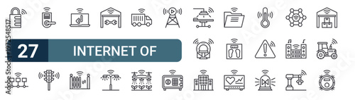 27 thin line Internet of Things icons set for web, mobile apps and digital interface design featuring padlock, timeline, door lock, traffic light, laptop, fence, garage, street light and transport.
