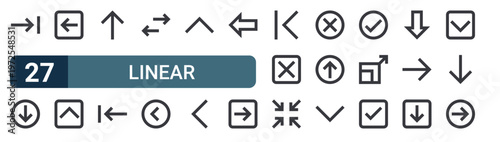 27 thin line Linear Collection icons set for web, mobile apps and digital interface design featuring right arrow, down arrow, left arrow, up up left opposite arrows, left and up Editable stroke