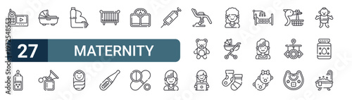 27 thin line Maternity icons set for web, mobile apps and digital interface design featuring baby monitor, feeding bottle, carrycot, breast pump, pregnant, baby boy, baby crib, pregnancy test and