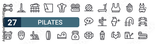 27 thin line Pilates icons set for web, mobile apps and digital interface design featuring dumbbells, stopwatch, yoga, headband, accesories, yoga, yoga mat, circle and hot stone. Editable stroke