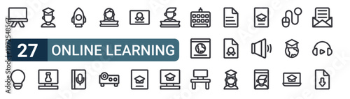 27 thin line Online Learning icons set for web, mobile apps and digital interface design featuring blackboard, light, graduation, chemistry, rocket, audio book, student, projector and certificate.