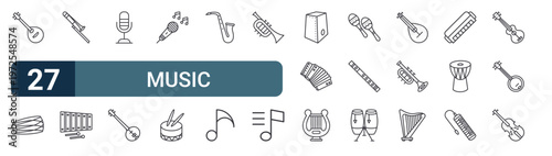 27 thin line Music Instruments icons set for web, mobile apps and digital interface design featuring mandolin, dholak, trombone, xylophone, microphone, sitar, microphone, drum and saxophone.