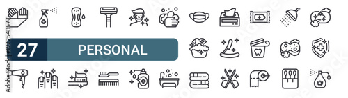 27 thin line Personal Hygiene icons set for web, mobile apps and digital interface design featuring gloves, hair dryer, cleaning spray, nails, sanitary pad, toothbrush, razor, comb and shaving.