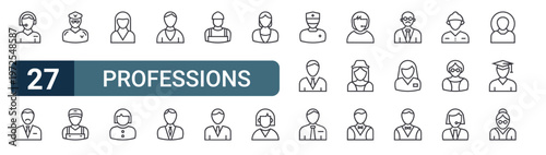 27 thin line Professions icons set for web, mobile apps and digital interface design featuring Iyblp 041 call center agent, accountant, taxi driver, delivery man, nun, student, priest, manager and