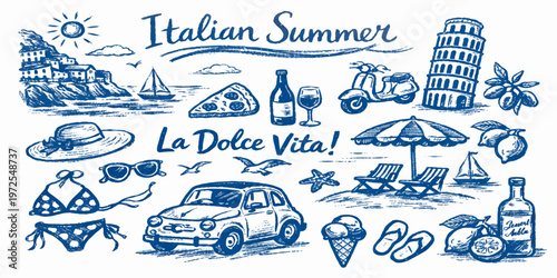 Italian Summer Doodles Set with La Dolce Vita, Vespa and Leaning Tower