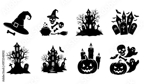 Canvastavla Halloween silhouette vector bundle with witchcraft haunted house skull pumpkin a